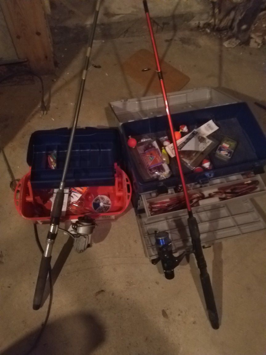 Fishing rods and 2 boxes with gear