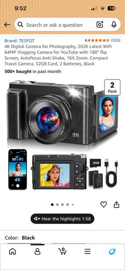 New 4K Digital Camera with Flip Screen, 16X Zoom, 2 Batteries