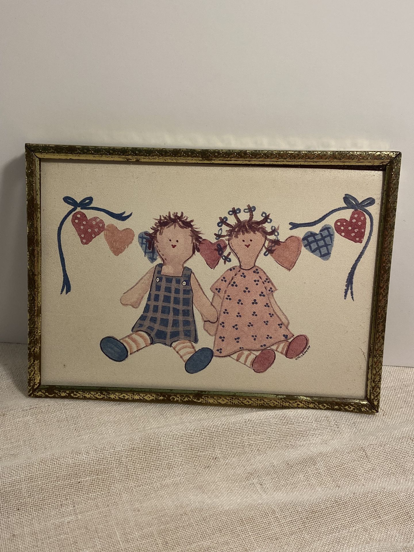 Vintage Framed Folk Art Print with Rag Dolls kids country hearts 70s gold frame Americana