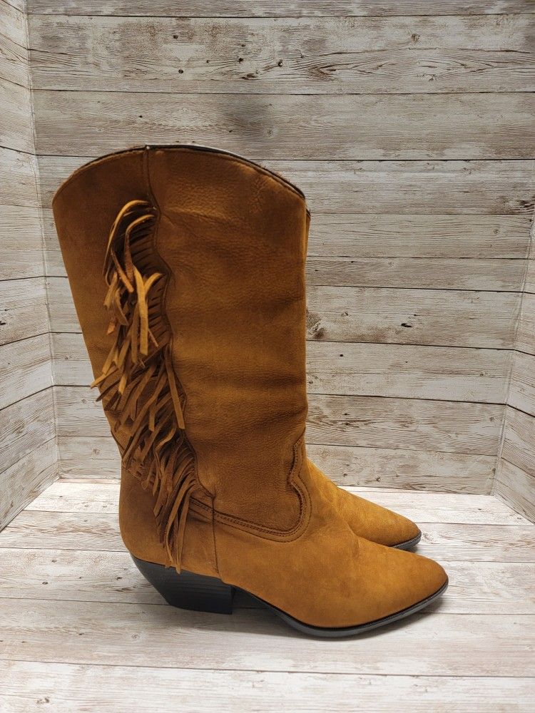 Maine Woods Mid Calf Womens Cowboy Boots - Faux Suede With Fringe Accents - 8.5