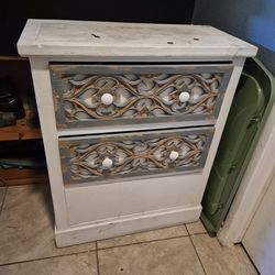 HomeStock Urban Upmarket 3-Drawer Accent Chest, featuring a distressed off-white finish and rustic carved drawer fronts with mirror inserts.