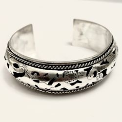Vintage Southwestern Sterling Silver Shadowbox Cutout Storyteller Cuff Bracelet