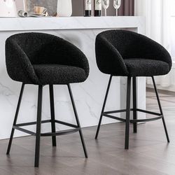  Swivel Counter Height Stools Set of 2, Modern Bar Stools for Kitchen Island, 26'' Black Sherpa Kitchen Counter Height Chairs with Barrel Arms & Backs