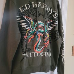 Ed Hardy Hoodie Men's Green Dragon Tiger Fleece Pullover Sweater New Size L