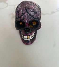 Gothic Skull Statue Hand Painted Purple Black w/ Gold Tooth Yellow Eyes Decor