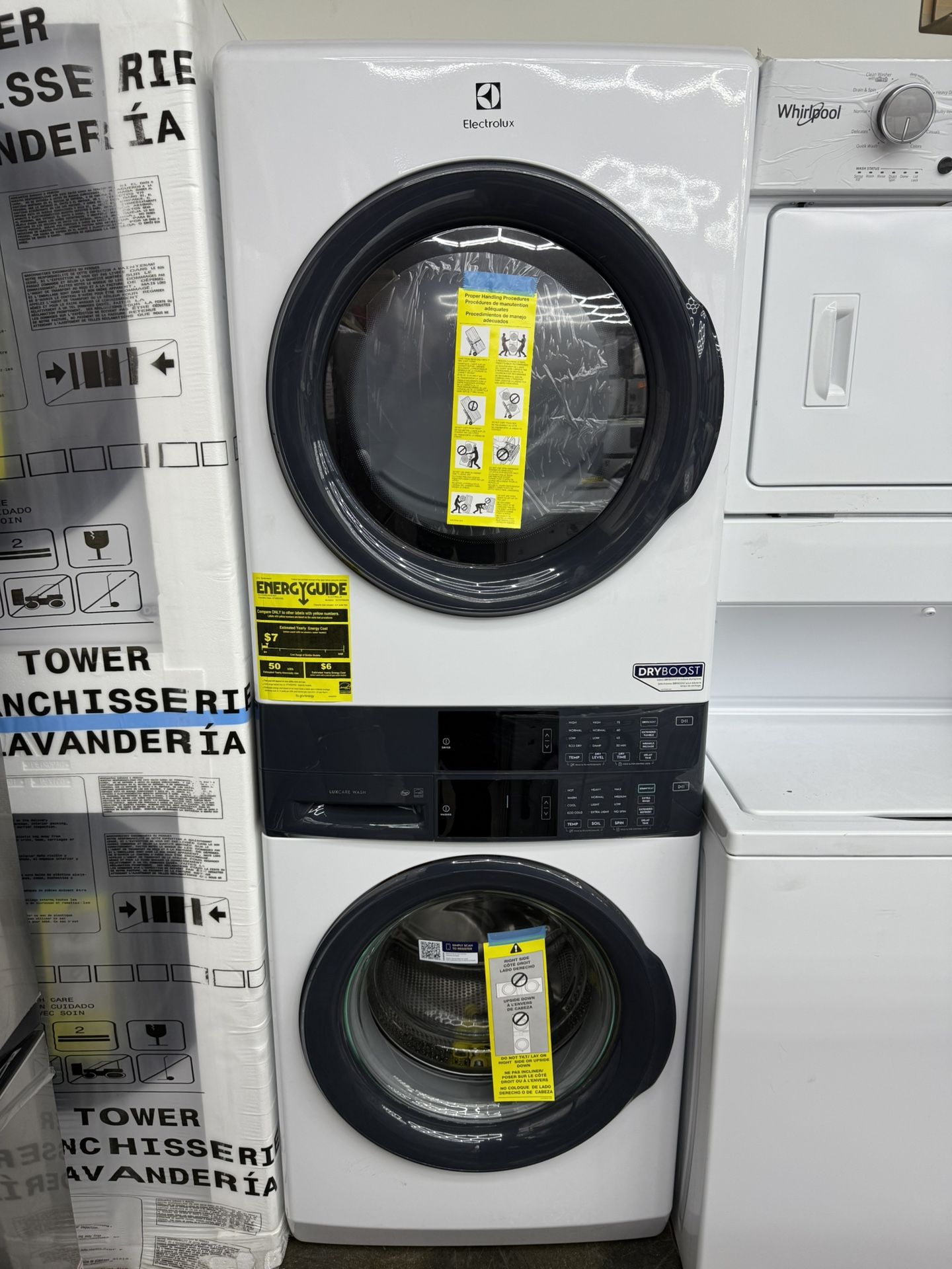 Brand new Electrolux  ELTG7300AW 27 Inch Gas Wash Tower with 4.4 cu. ft. Washer and 8 cu. ft. Gas Dryer, LuxCare® Plus Wash System, 20-Minute Fast Was