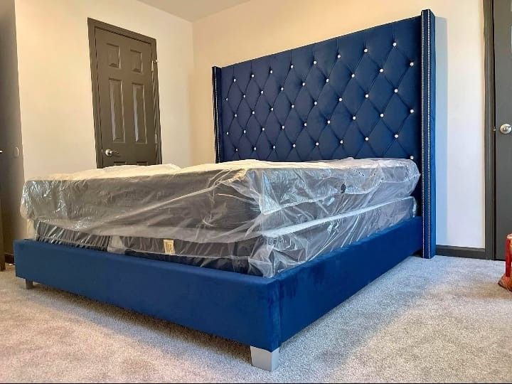 ✨ Blue Rhinestone Tufted Upholstered Tall King And Queen Size Bed Frame - Mattress + Box Spring | Pay When It's Delivered 