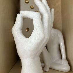 Very Heavy White Stone Like “A OK” HAND STATUE.  Cool Z Gallerie Like Conversation Piece $35.  Nude $25. Pair Of Dice $50.  