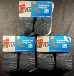 (3x) Hanes MOVES Mens Mid Crew Socks Size 6-12 Multi Color 6 Pk Black White Gray