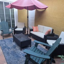 Complete Patio Set - Adirondack Chairs, Rattan Set, Umbrella + Free Outdoor Rug