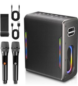 Brandnew Karaoke Machine with Two Wireless Microphones, Powerful Portable Bluetooth Speaker for Adults & Kids, PA System with 2 Voice Mode, LED Lights
