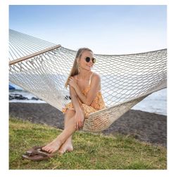 Hammocks Traditional Rope Double Hammock with Hardwood Spreader Bar, 450 lbs Capacity, Natural