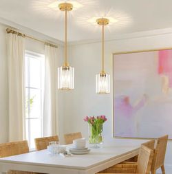 2-Pack Brushed Gold Pendant Lights Kitchen Island Modern Crystal Hanging Pendant Light Hexagonal Mini Chandelier Adjustable Hanging Kitchen Lights for
