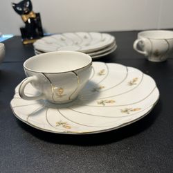 Yamaka China Japan 1950s Yellow Rosebud Swirl Teacup & Saucer Set of 4, 8x2.5”