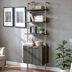 Oxford Bookshelf, Ladder 5 Tier Open Bookshelf, Tall Book Shelf with Cabinet, Wall Mount Bookshelves with Display Rack, Bookcase with Shelves for Bedr
