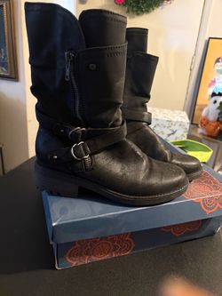 Black Mid-Calf Moto Boots with Buckle Detail