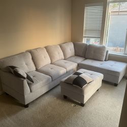 Gray Linen Fabric Sectional Couch And Storage Ottoman