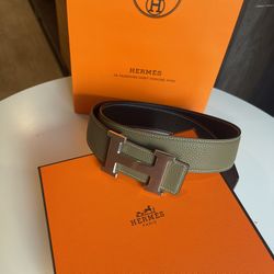 Hermès Reversible Men's Belt Olive Black Silver H Buckle Adjustable Designer Classic