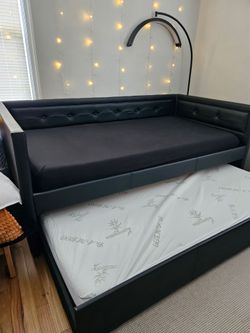 Twin Trundle Daybed - Black Upholstered Faux Leather Wood