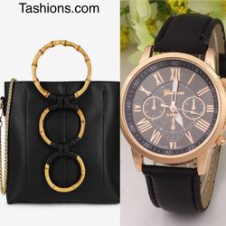 Bamboo Handles Handbag With Complementary Fashion Watch 