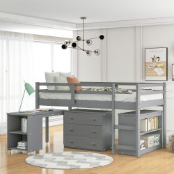 Ylven Low Twin Size Loft Bed with Rolling Portable Desk and Storage