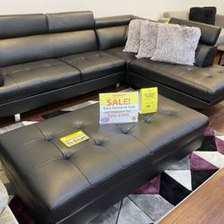 Black Leather Sectional With Ottoman ** Ellenton Outlets ** 