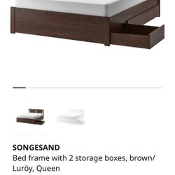 Brown Queen Bed Frame + Slats  and 2 Storage Drawers