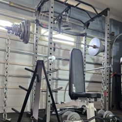 《FREE LOCAL DELIVERY》SQUAT RACK + BENCH + OLYMPIC WEIGHTS + BARBELL + EZ CURL BAR + ADJUSTABLE DUMBBELLS