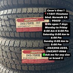 245/75R16 LANDSPIDER AT A SET OF FOUR NEW TIRES, INCLUDES MOUNTING AND BALANCING WITH WARRANTY, ASK  ME FOR ANY SIZE OR BRAND, WE HAVE THE BEST PRICES