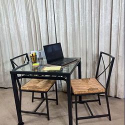 Glass & Iron Dining Table With 2 Rattan Chairs