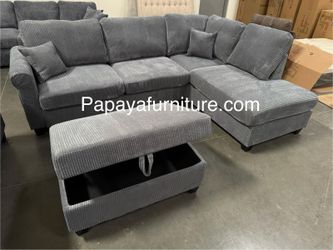 NEW Dark Grey Modern Sectional Sofa and Chaise Lounge Set and FREE STORAGE OTTOMAN Couch Designer Ashley Style Ivory White Beige Black Gray Fabric