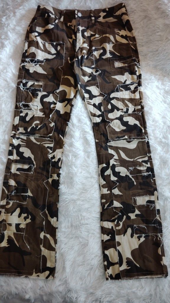 Men's Patch Camo Military Army Camouflage Straight Leg Edgy Pants SZ:Med