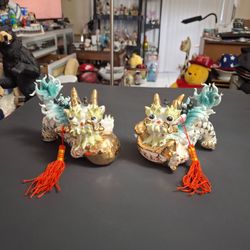 Hand-painted Glazed Fine Porcelain Feng Shui Fu Dog-Fu Lion, Exquisite Artistry Whimsical Charm Set Of 2, Intricate Details W/Gold & Turquoise Accents