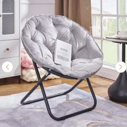 Folding Moon Chair with Faux Fur Seat, Gray Saucer Chair for Teens, Adults No-Assembly Accent Chair for Bedroom or Dorm