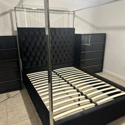 Modern & Elegant Black Velvet & Crome Canopy Bed Frame