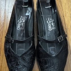 Salvatore Ferragamo Black Mary Jane Patent Leather Ballet Flats, size 6.5 B Made in Italy 