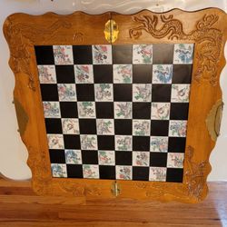 Vintage handmade carved wood chess board

