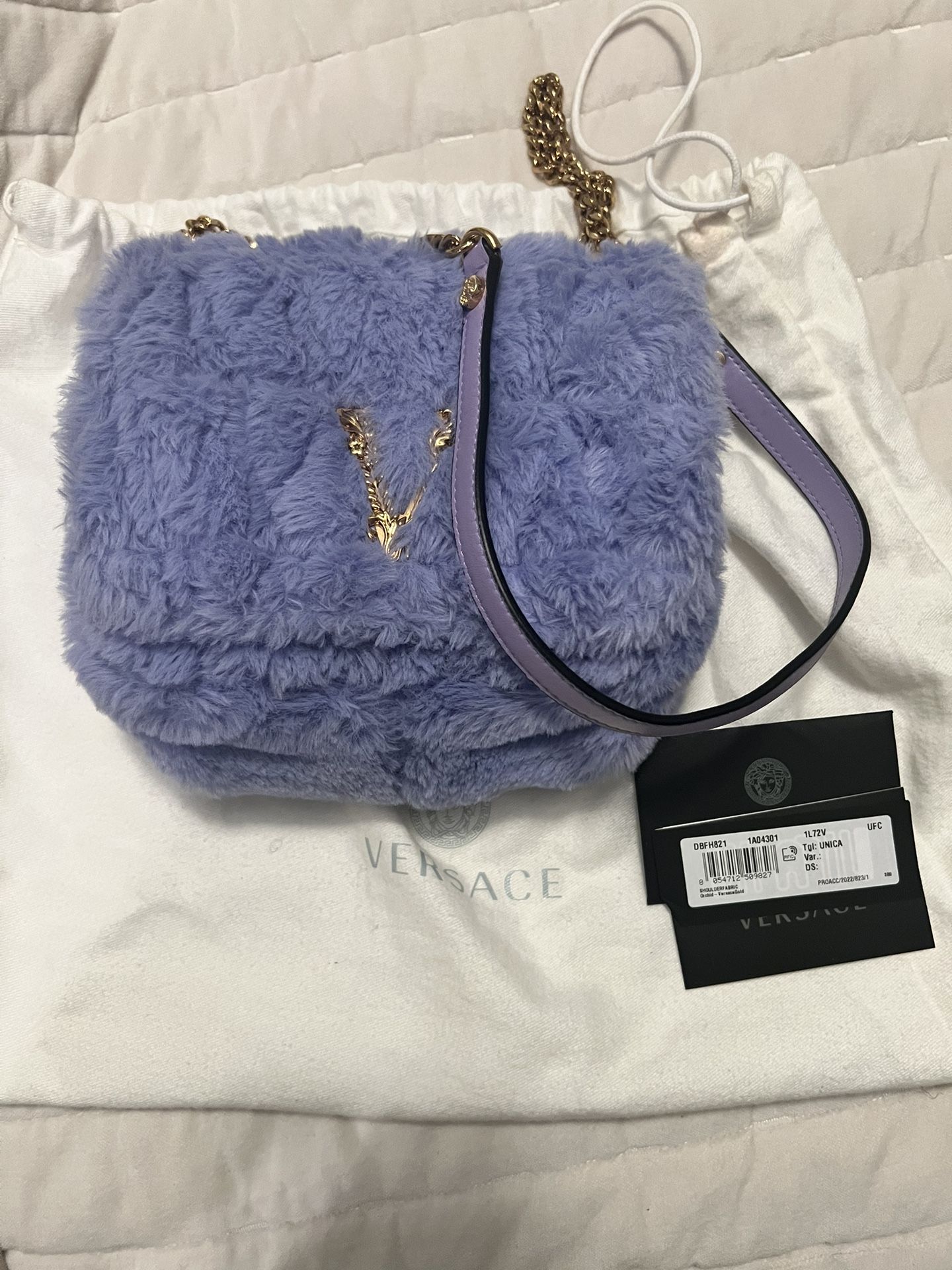 Versace Purple Faux Fur Hand Bag. Authentic 