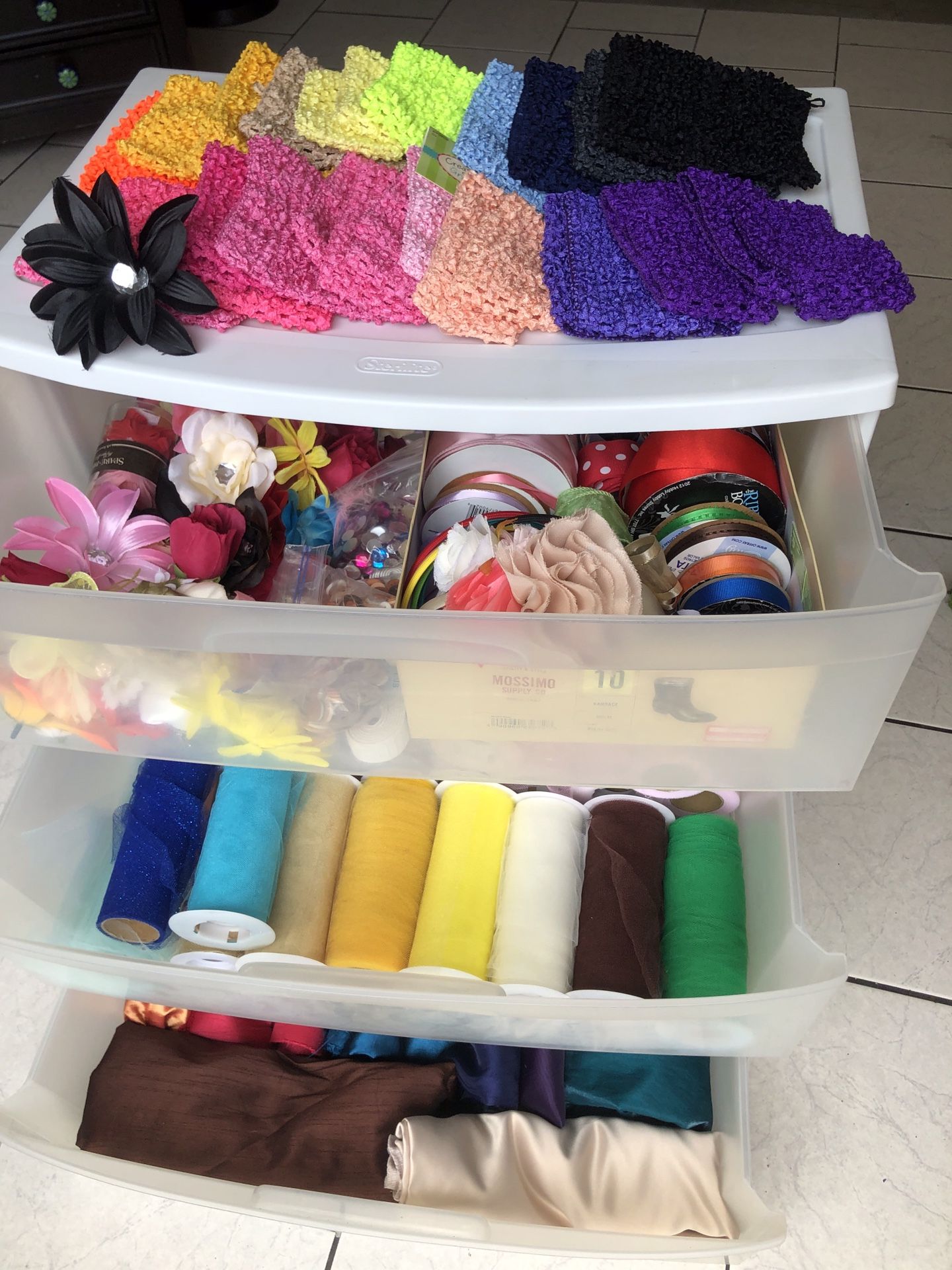 Craft supplies, and bin.