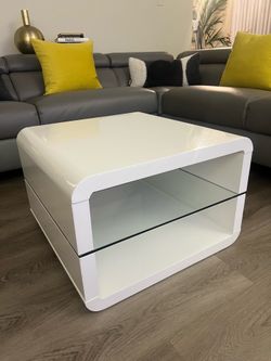 Modern Glossy White Square Coffee Table / End Table w/ Glass Shelf