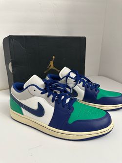 Nike Air Jordan 1 Low sneakers in the "Sail / Deep Royal Blue / Stadium Green" (often referred to as the Rare Air) colorway