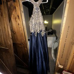 navy blue and gold embellished formal dress