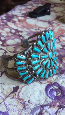 Sterling silver and turquoise cluster cuff bracelet chunky stone hippie bohemian