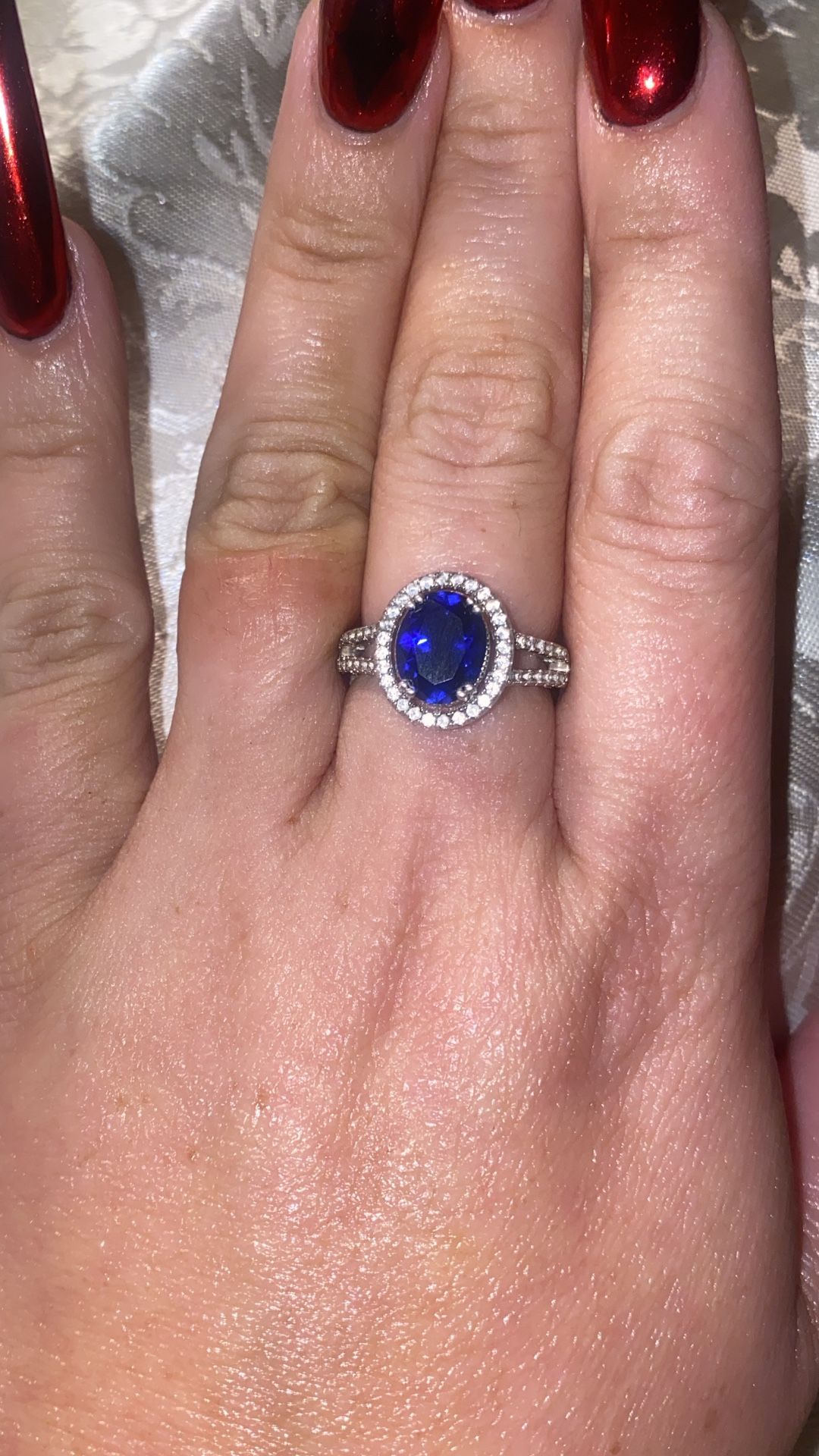 Helzberg/David J. Harvey: Oval Cut Diamond Halo Blue Sapphire Engagement Ring
