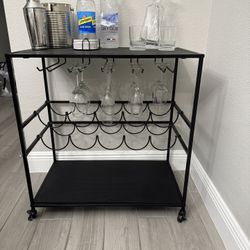 🍷 Black Metal Bar Cart – Wine & Glass Storage
