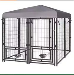4.5 ft. x 4.5 ft. Outdoor Dog Kennel Fence with Rotating Feeding Door and Polyester Roof
