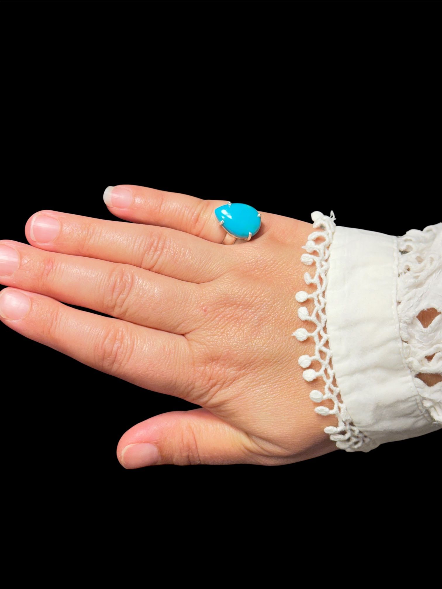 6 Carat Natural Persian Turquoise Teardrop Ring 925 Sterling Silver – Size 5.25