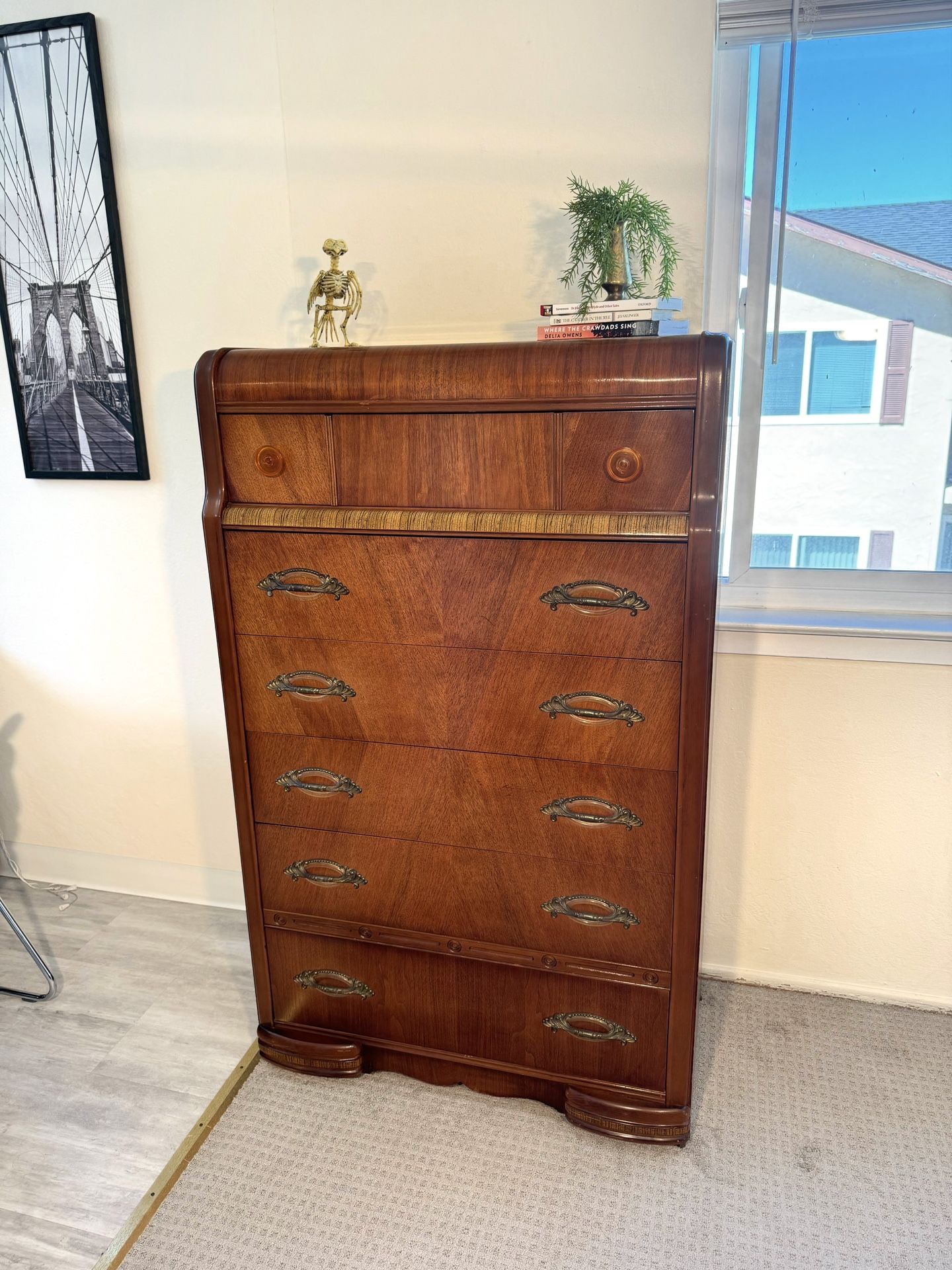 Vintage Art Deco Waterfall 6 Drawer Wooden Dresser 1940s