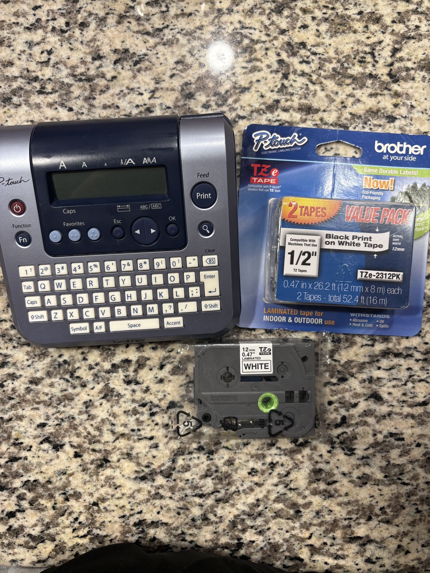 Brother P-touch PT-1280 Label Maker Bundle – Includes 2-Pack TZe Tape + White Laminated Tape