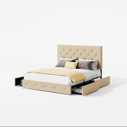 Upholstered Full Size Platform Bed Frame with 4 Storage Drawers, Adjustable Headboard with Diamond Stitched Button Tufted Design, Wooden Sl